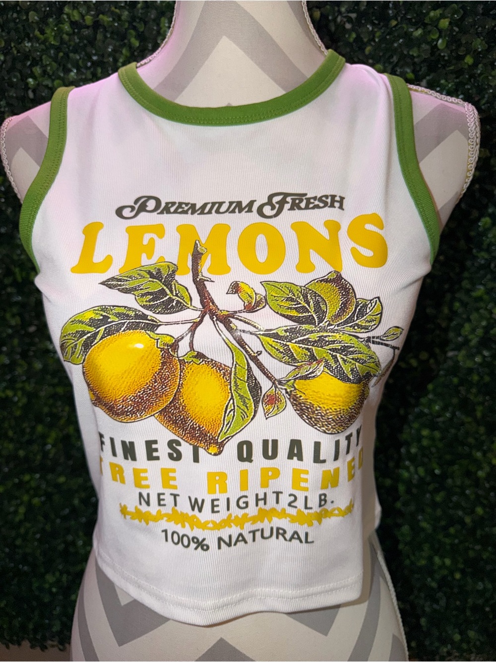 SHEIN White Tank Top with Yellow Lemon Graphic and Green Trim